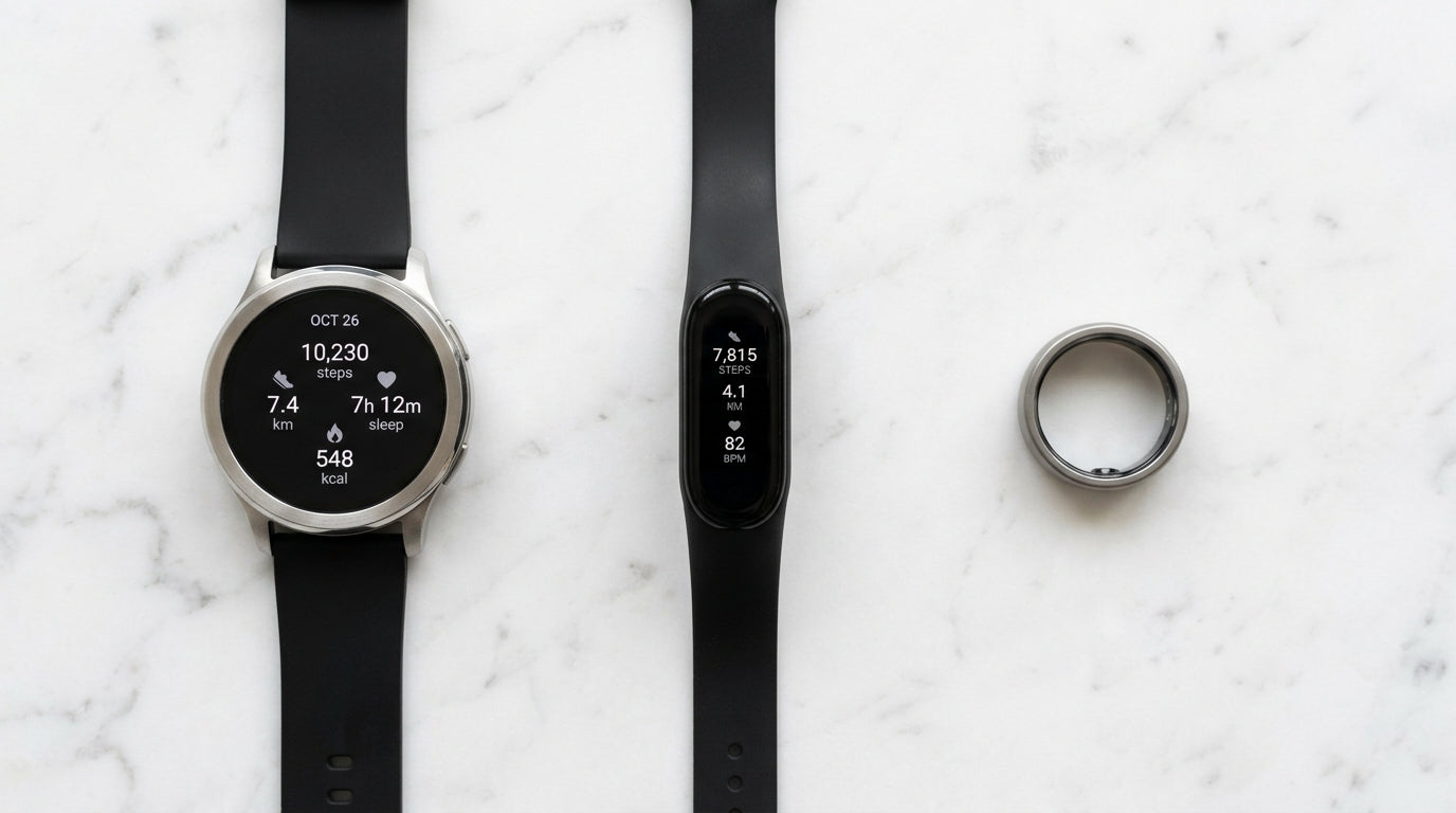 Montre connectée bracelet et bague connectée côte à côte