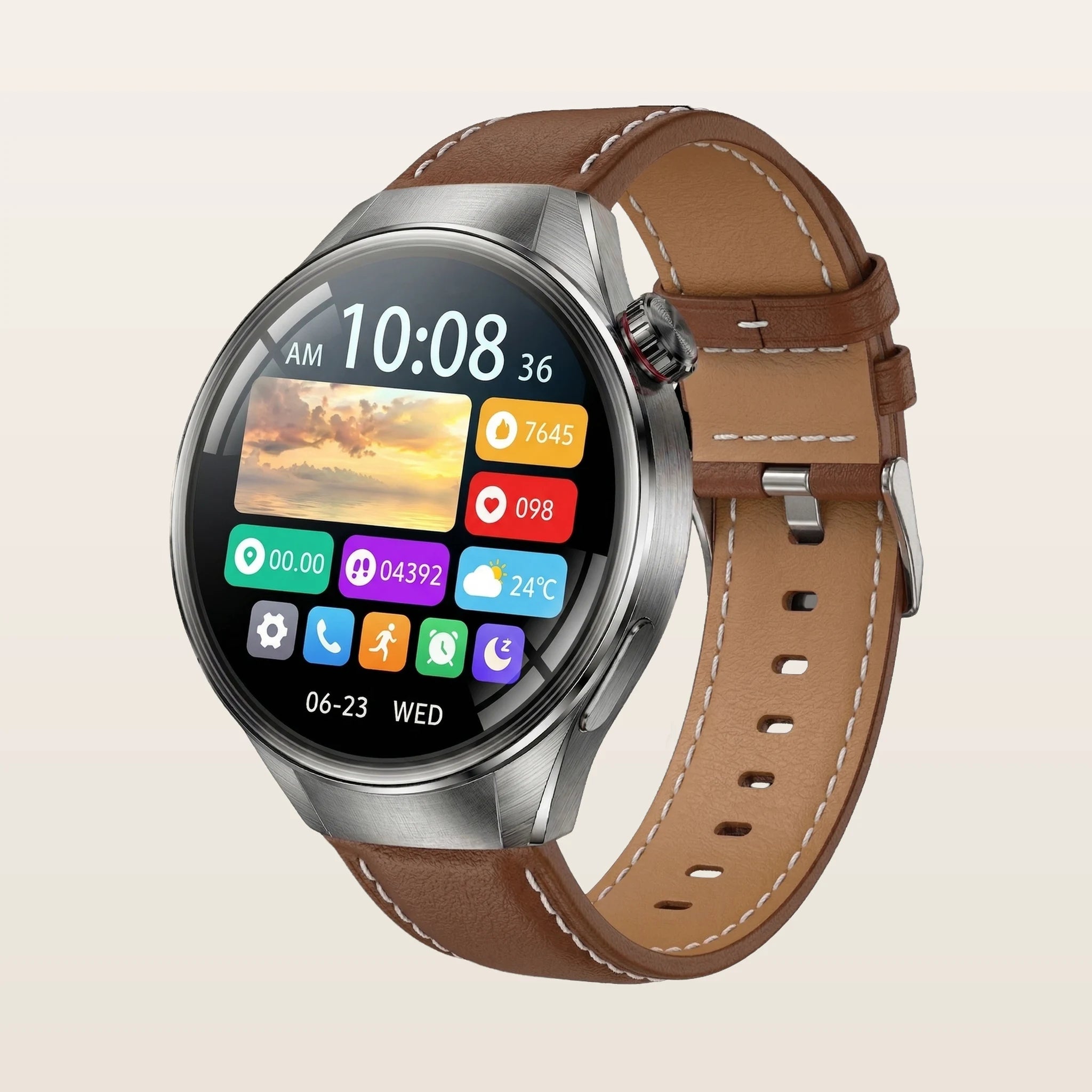 Montre connectée GPS grand écran Pulzena Orbix bracelet cuir marron