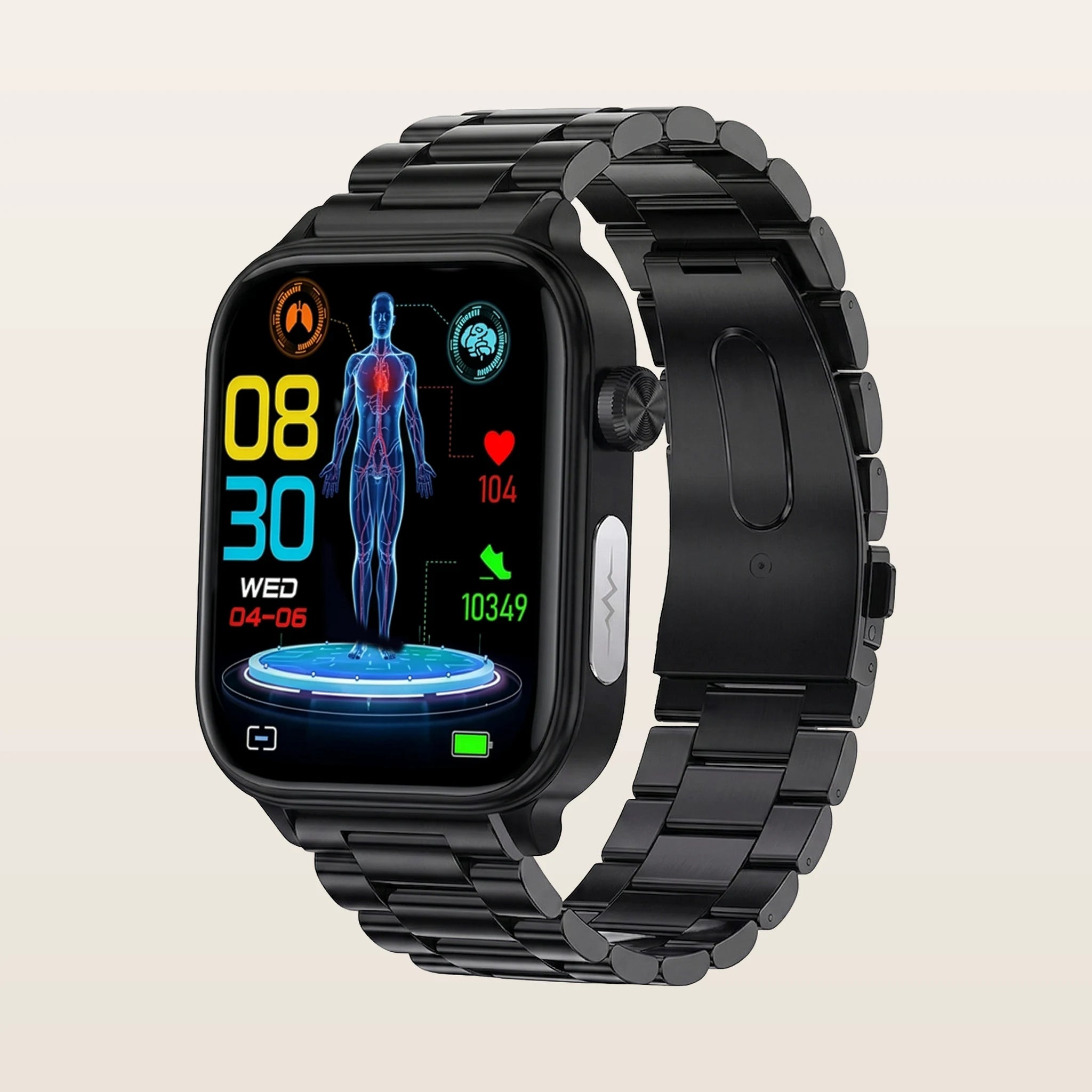 Montre connectée santé ECG Pulzena Korda bracelet acier noir écran
