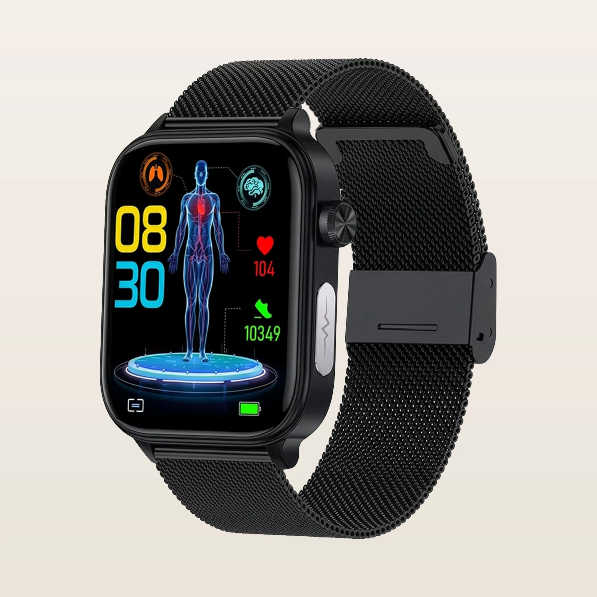 Montre connectée santé ECG Pulzena Korda bracelet maille noir écran