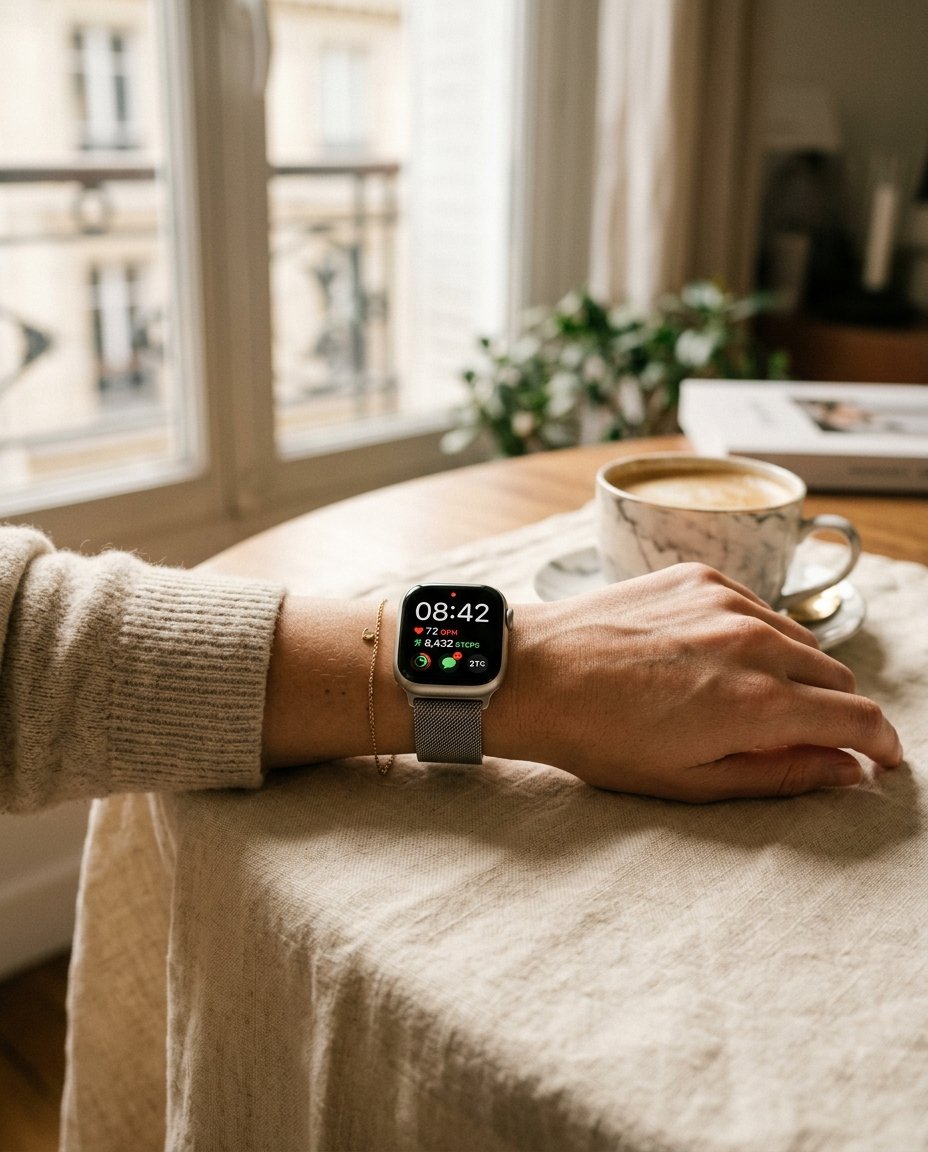 Femme portant une montre connectée Pulzena bracelet maille