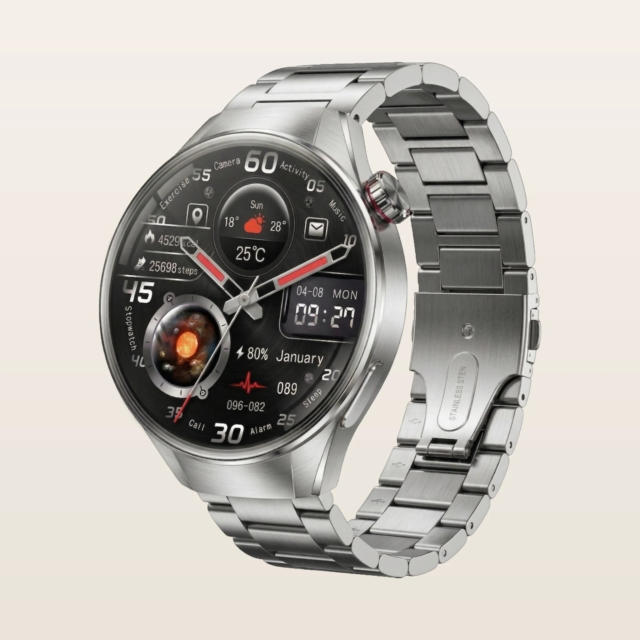 Montre connectée GPS grand écran Pulzena Orbix bracelet acier argent écran