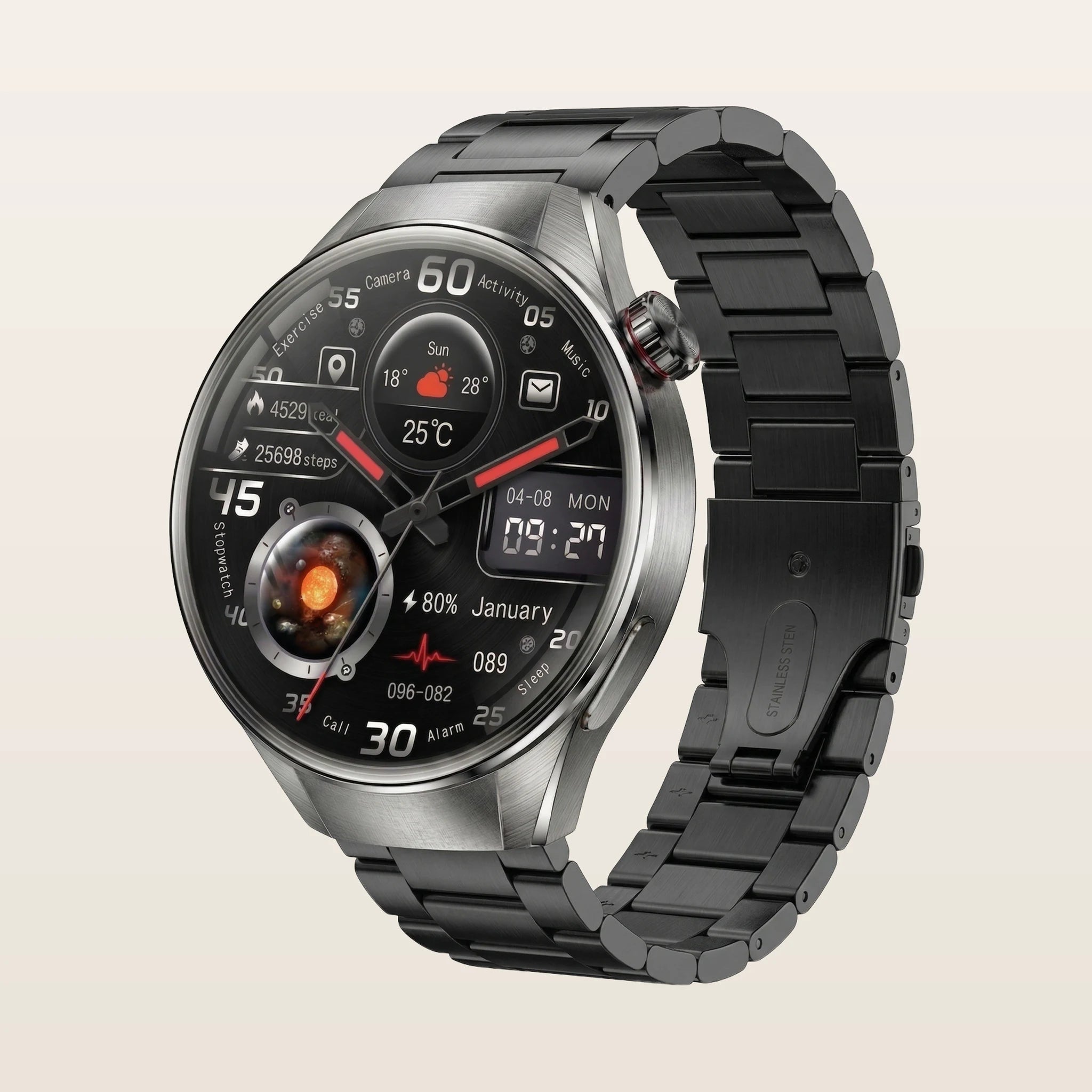 Montre connectée GPS grand écran Pulzena Orbix bracelet acier noir écran