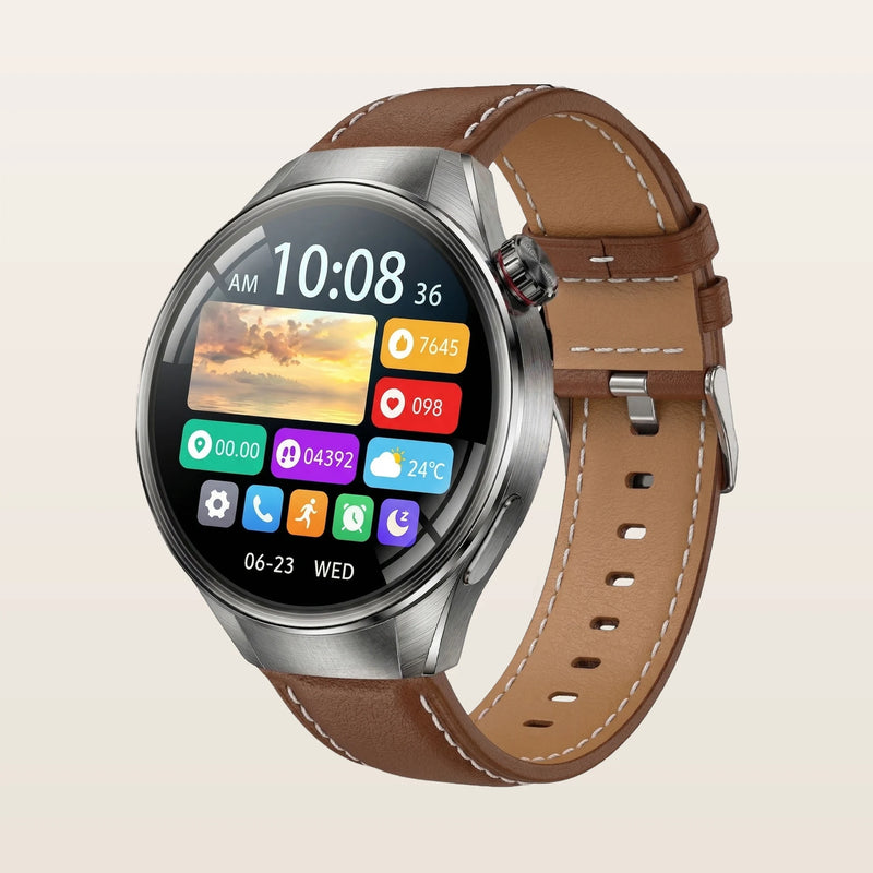 Montre connectée GPS grand écran Pulzena Orbix bracelet cuir marron