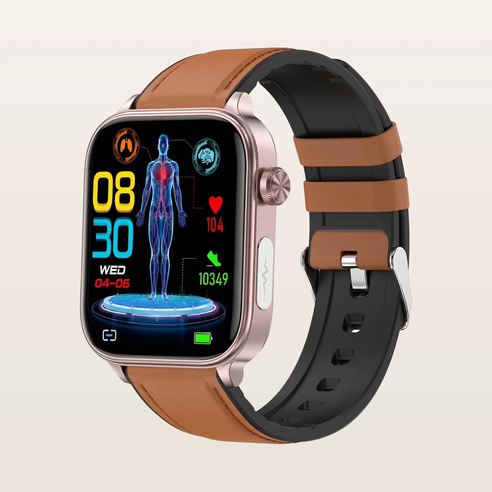 Montre connectée santé ECG Pulzena Korda bracelet cuir marron écran