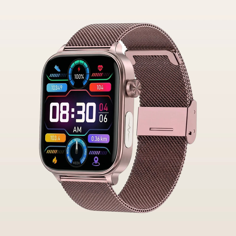 Montre connectée santé ECG Pulzena Korda bracelet maille rose écran